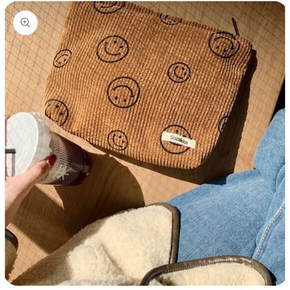 New Boutique Sozakka Tan Corduroy Smile Cosmetic Makeup Toiletry Storage Bag - Picture 1 of 1